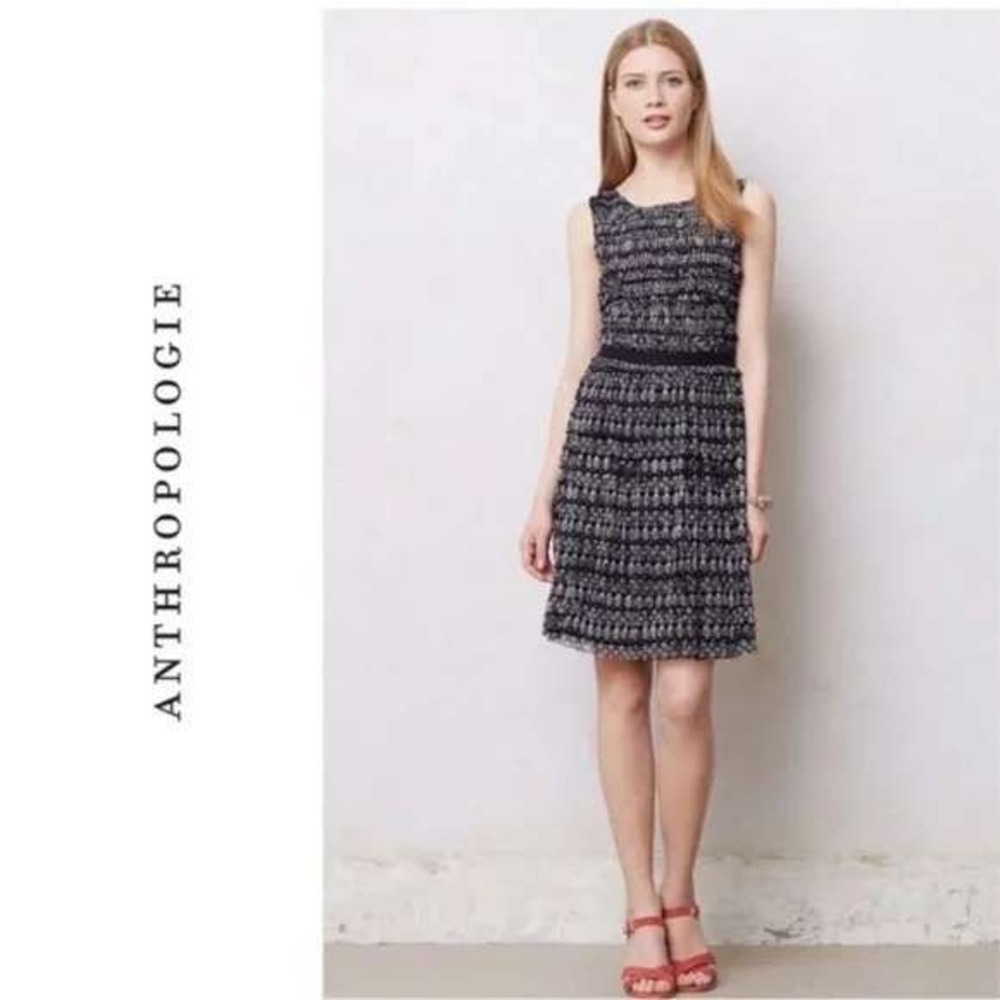 Anthropologie Postmark Floral Swiss Dot Mesh Smocked Black White Dress‎ M Preppy